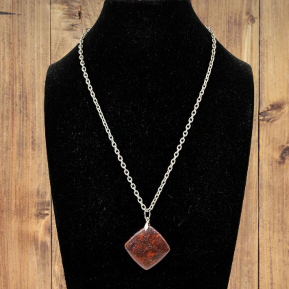 Jewelry - Reddish Mahagony Colored Pendant Necklace Silver Tone Chain